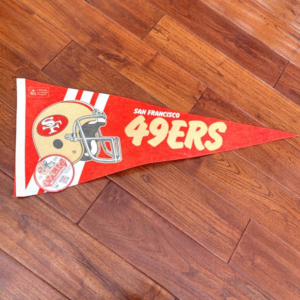 12"x 30" 1980s San Francisco 49ers NFL Football Pennant & NFC Champions Pin lot